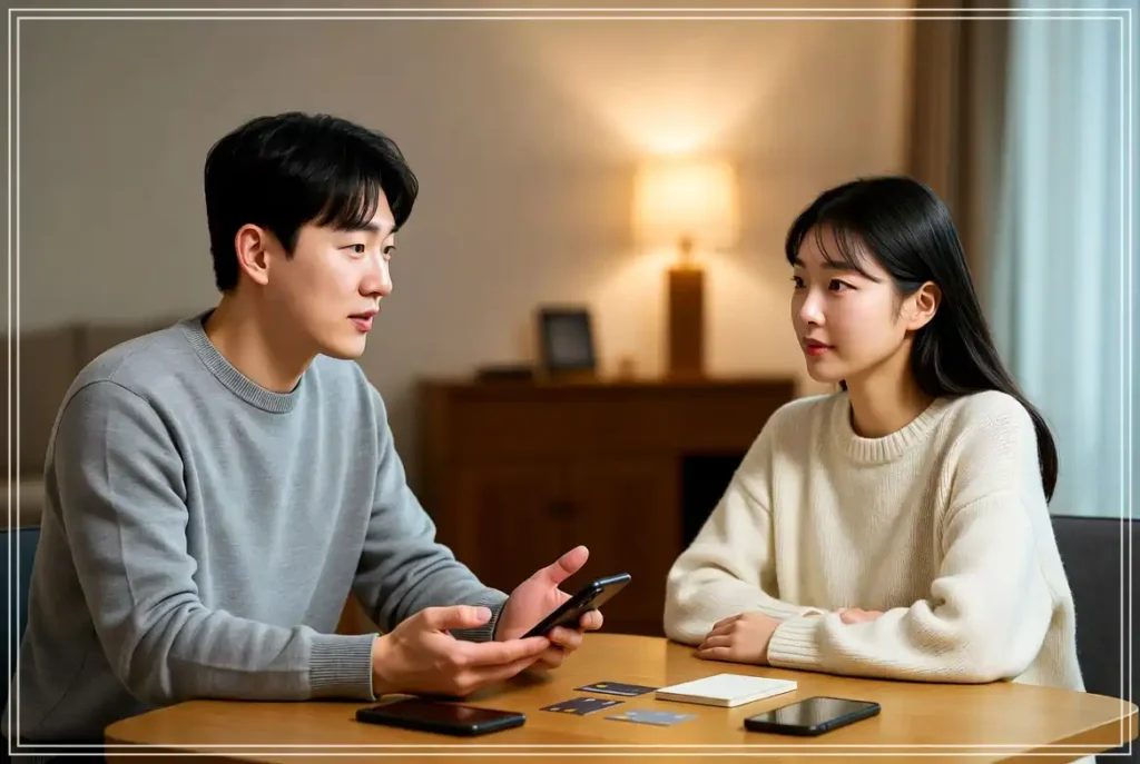 카드값 현황을 차분한 순서로 공유하는 한국인 커플의 대화 모습