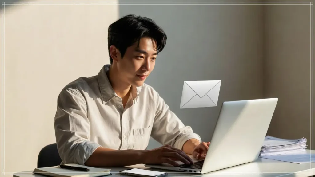 문의 페이지를 상징하는 이미지로, 젊은 한국인이 노트북으로 이메일을 확인하며 스마트폰과 메모를 함께 정리하는 장면