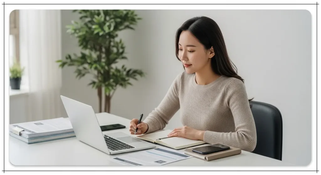 이용약관 안내를 상징하는 이미지로, 젊은 한국인이 노트북과 문서를 보며 사이트 이용 기준과 정책 내용을 확인하는 장면
