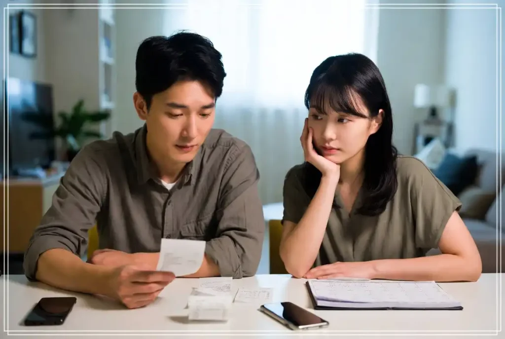 생활비 점검 중 한 달 지출 흐름이 꼬여 난감해하는 젊은 한국인 커플