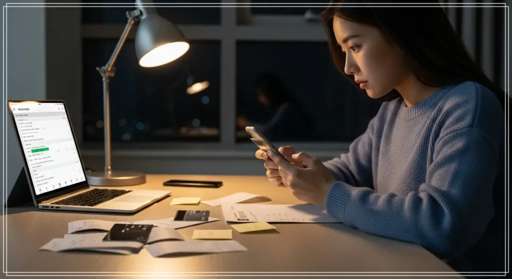 20~30대 한국인이 밤에 책상 앞에서 스마트폰과 결제카드를 보며 잔액을 확인하는 모습