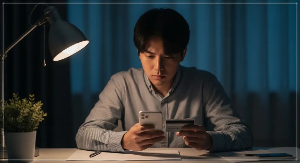 20~30대 한국인이 스마트폰으로 잔액을 확인하고 옆에는 영수증과 카드가 흩어져 있는 장면