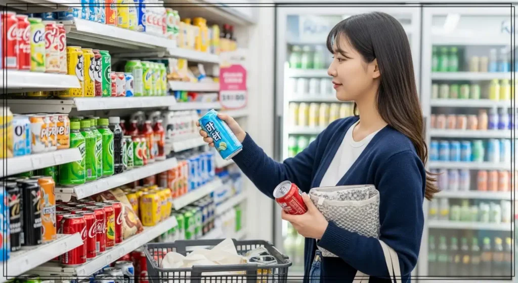 20~30대 한국인이 외출 중 편의점에서 음료와 간식을 고르며 소액 소비를 반복하는 장면